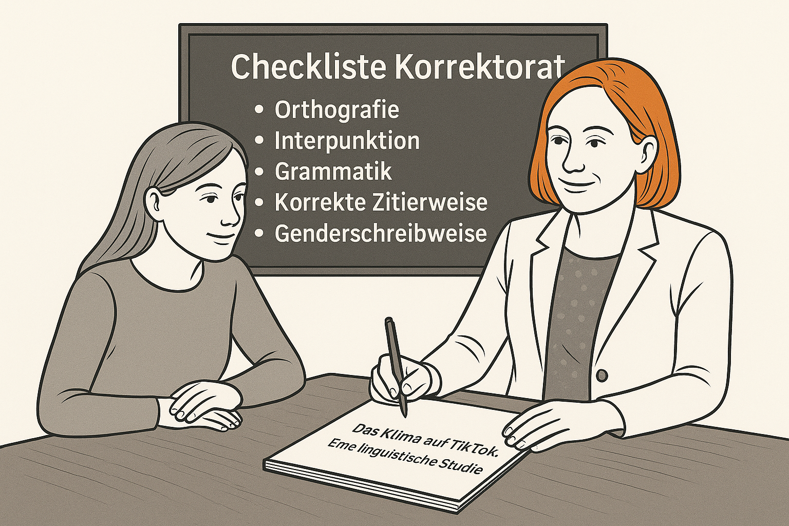 Die Grafik zeigt zwei an einem Tisch sitzende Frauen. Vor ihnen liegt mutmasslich eine Bachelorarbeit, die einem Lektorat in der Schweiz unterzogen werden soll.