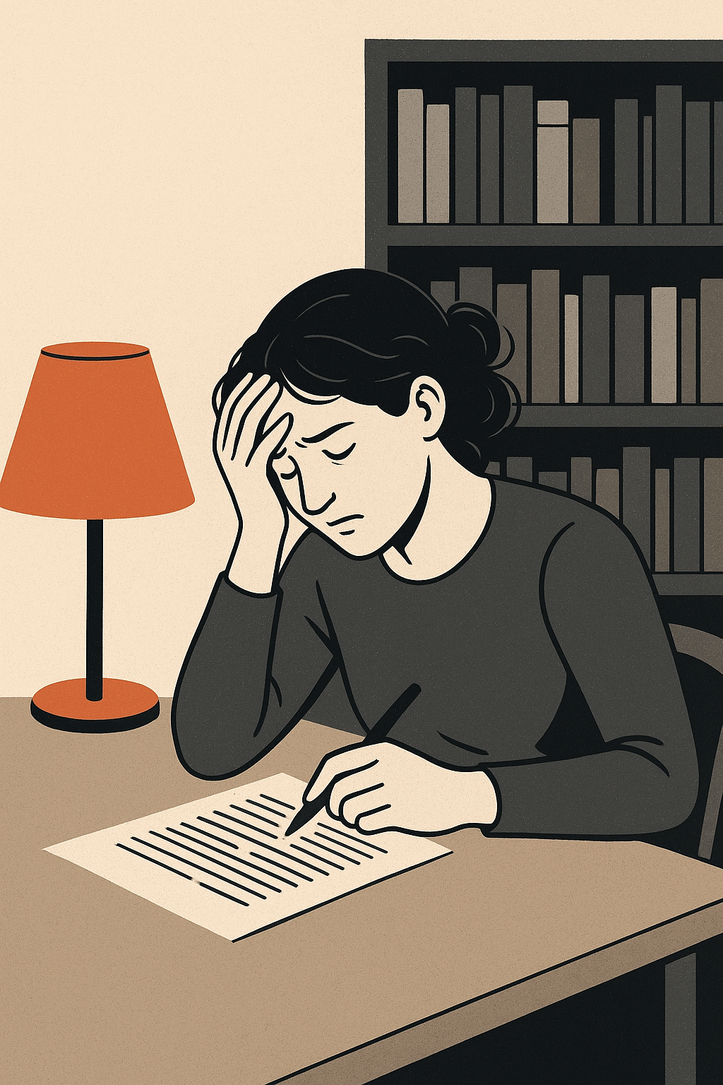 Das Bild zeigt eine Autorin, die über ein Manuskript gebeugt an einem Tisch sitzt. Thema: Lektorat Selfpublishing.