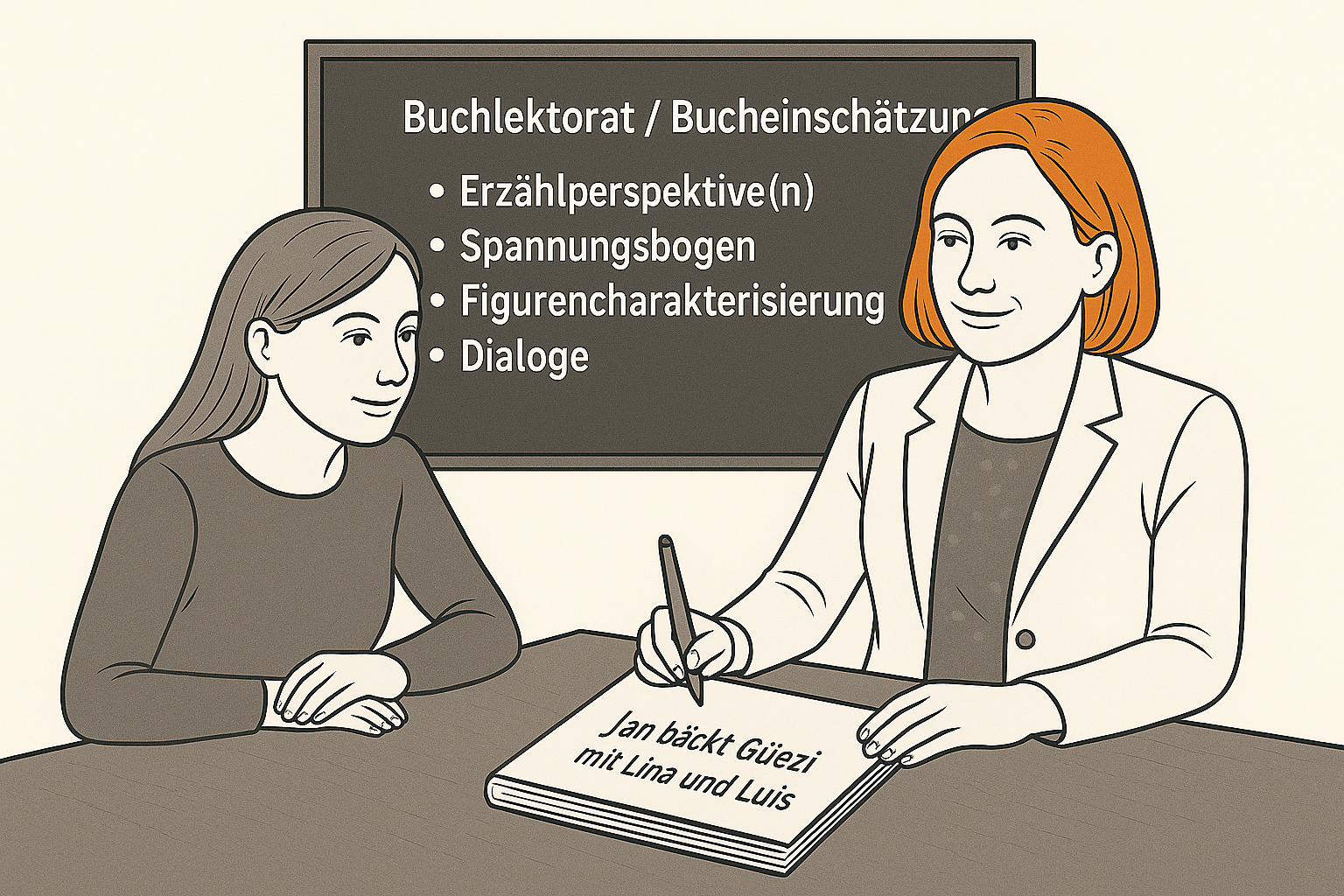 Die Grafik zeigt zwei an einem Tisch sitzende Frauen. Es liegt ein Buch zwischen Ihnen mit dem Titel "Jan bäckt Güezi mit Lina und Luis". Thema: Lektorat Buch.