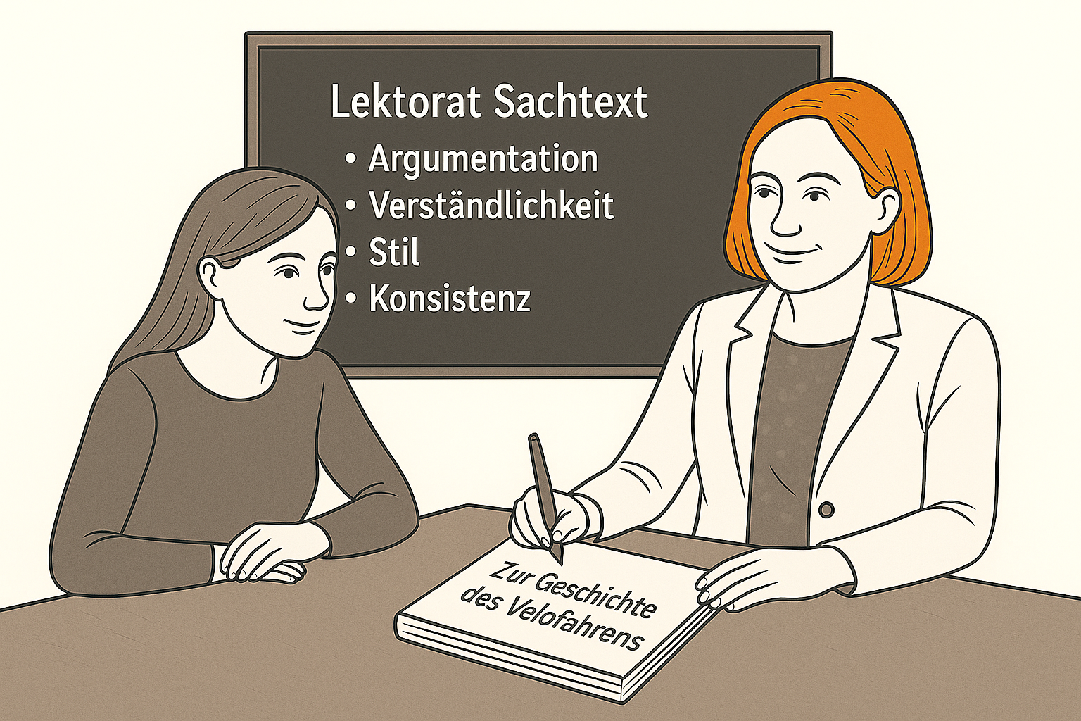 Die Grafik zeigt zwei an einem Tisch sitzende Frauen. Es liegt ein Buch zwischen Ihnen mit dem Titel "Jan bäckt Güezi mit Lina und Luis". Thema: Lektorat Sachbuch.