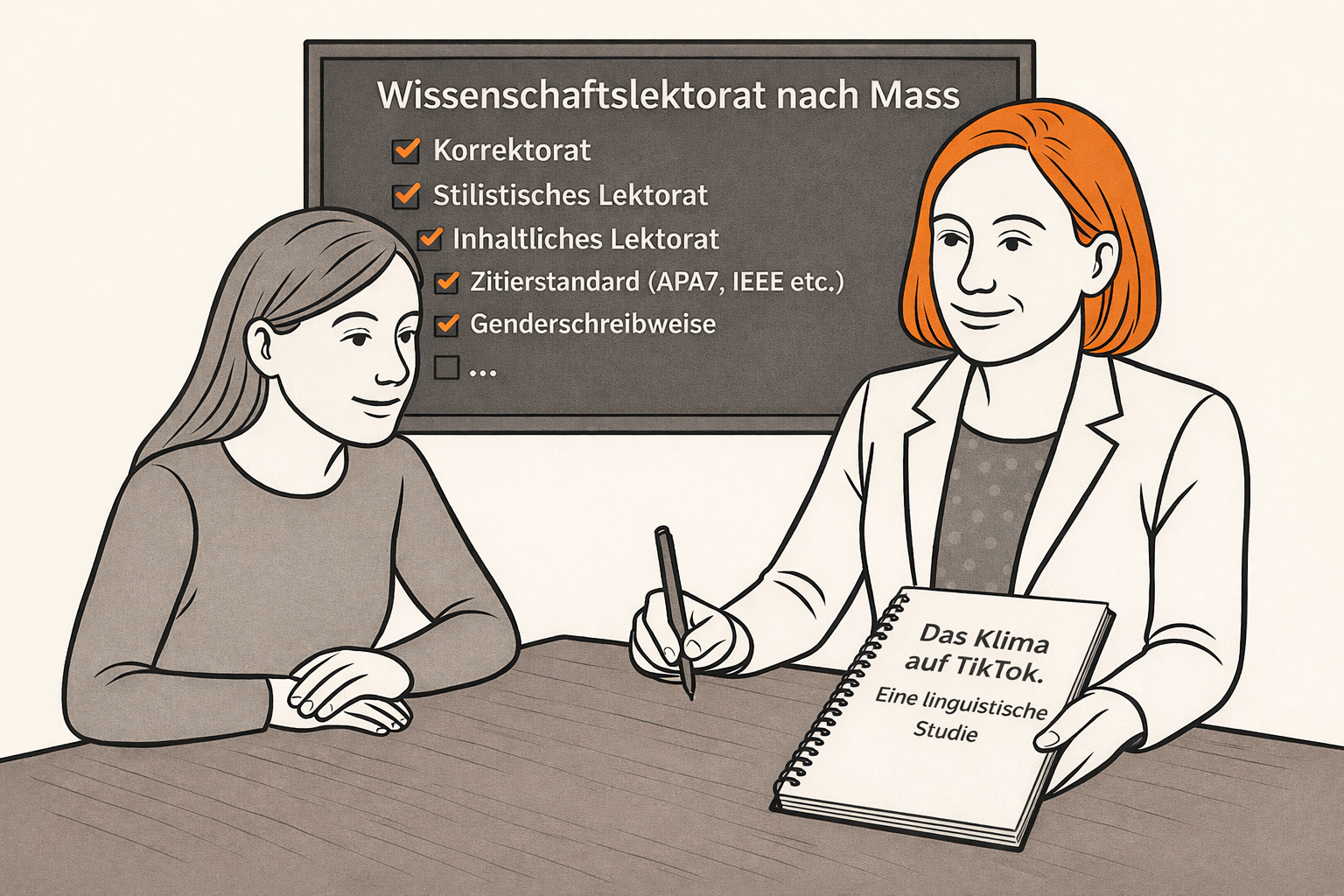 Die Grafik zeigt zwei an einem Tisch sitzende Frauen. Vor ihnen liegt mutmasslich eine Doktorarbeit, die einem Lektorat in der Schweiz unterzogen werden soll.