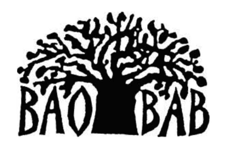 Baobab Buch-Logo mit Baum und Schriftzug.