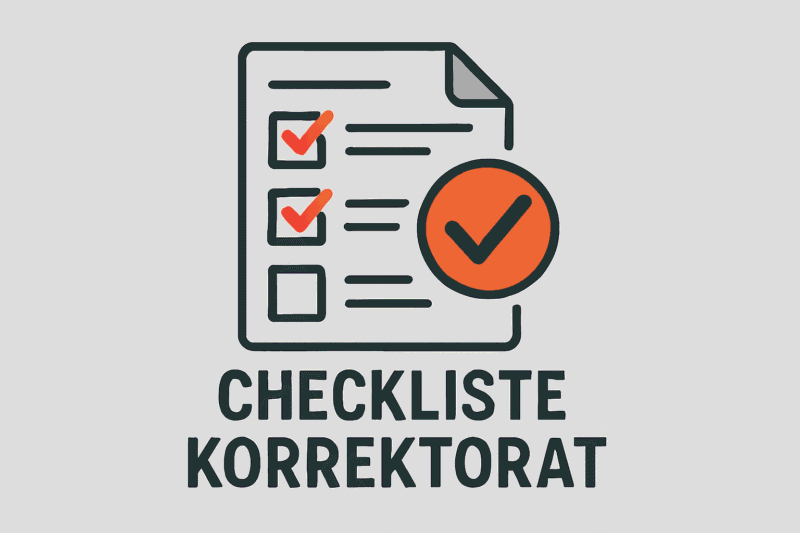 Checkliste Korrektorat mit Häkchen für Textüberprüfung.