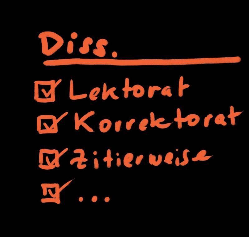 Checkliste für Lektorat und Korrektorat auf schwarzem Hintergrund.
