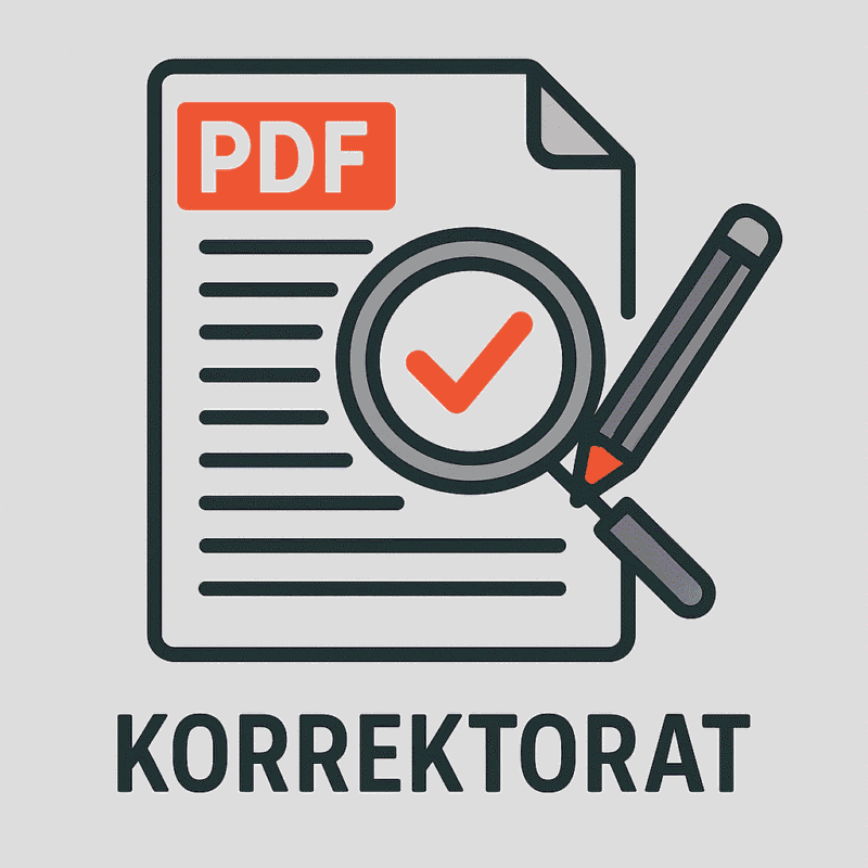 PDF Korrektorat mit Lupe und Stift für Textprüfung.