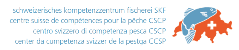 Logo des schweizerischen Kompetenzzentrums für Fischerei mit Karte der Schweiz.